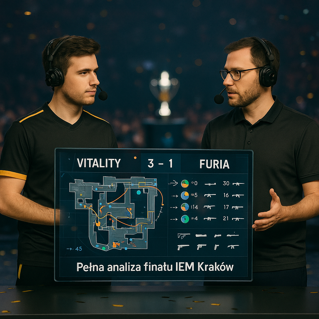 Fotograficzna scena analityczna po finale CS2 w Krakowie: dwóch analityków przy przezroczystym ekranie z